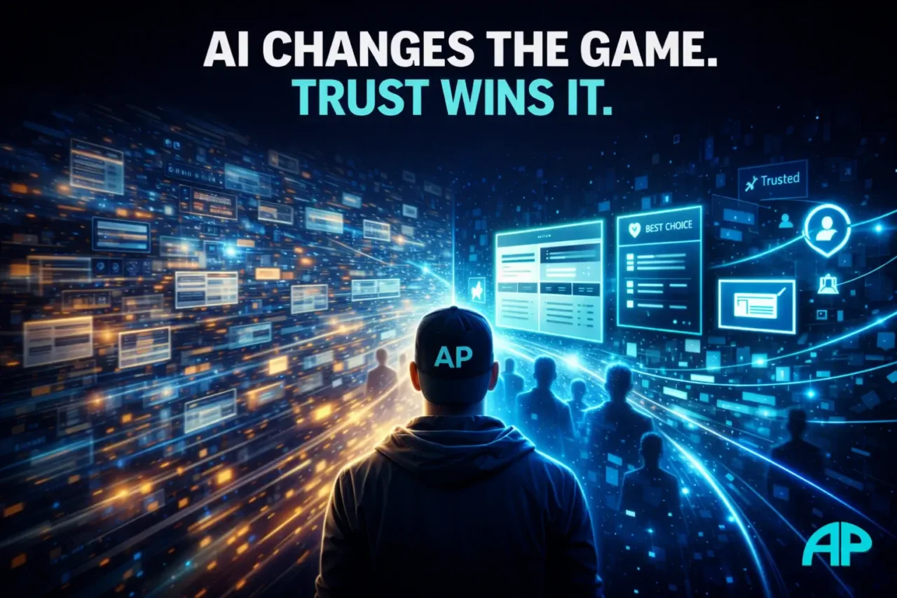 Digital illustration of a man in a backwards AP cap standing between fast AI-generated content and clear trust-based affiliate marketing.