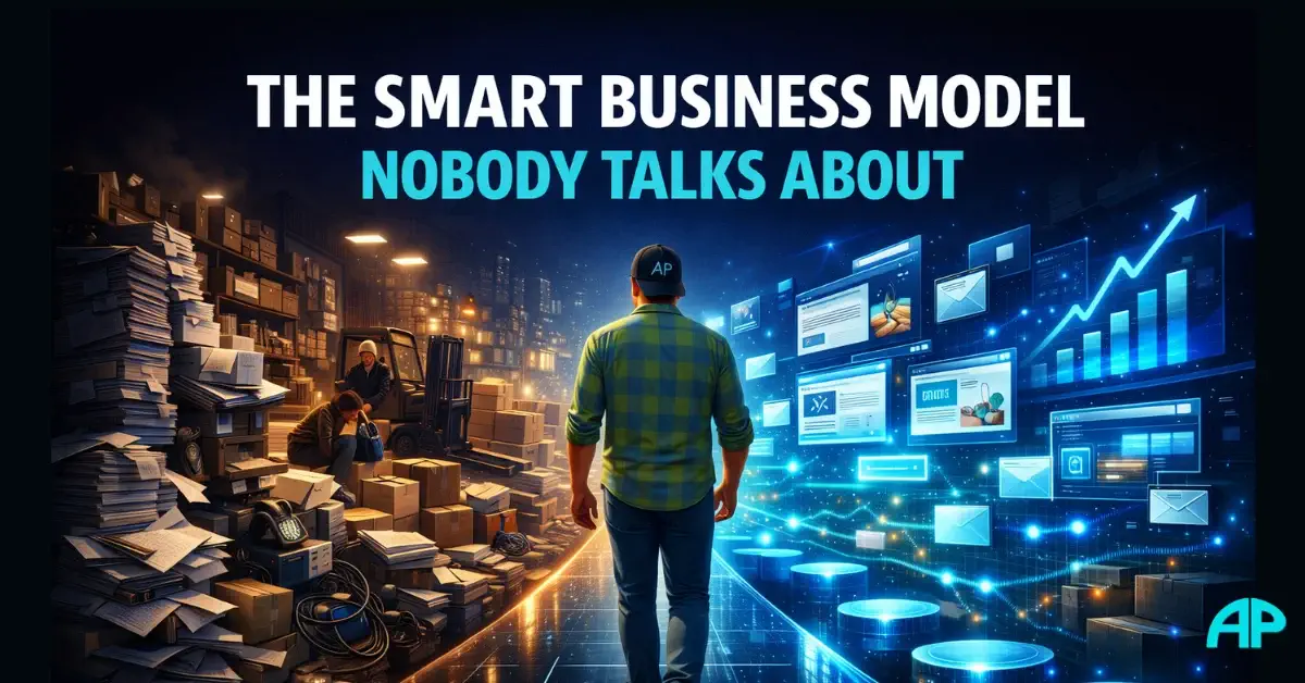 Illustration of a man walking toward a digital future, showing why the affiliate marketing business model offers leverage, growth, and low overhead.