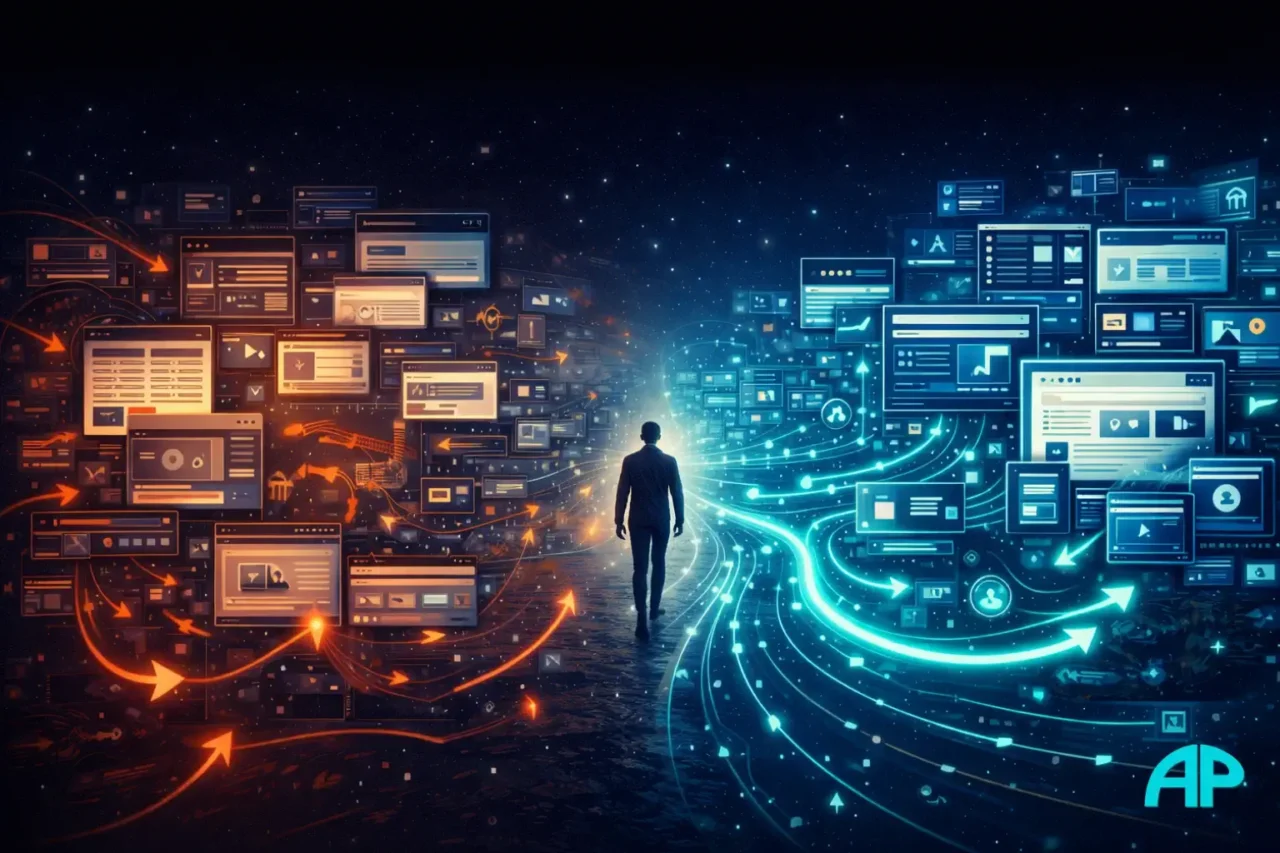 A digital scene showing affiliate marketing then vs now, with chaotic early web pages and random traffic on one side and structured modern platforms with targeted pathways on the other
