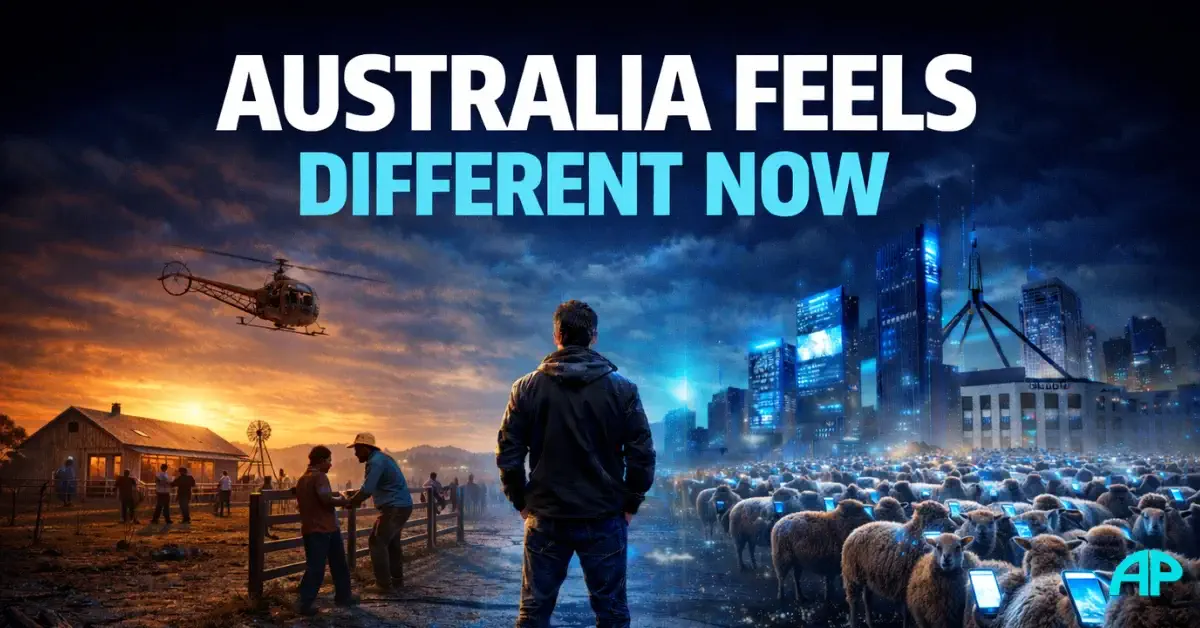 Australia feels different now, shown in a split-scene image contrasting hardworking rural Australia with a distracted, screen-absorbed modern city crowd