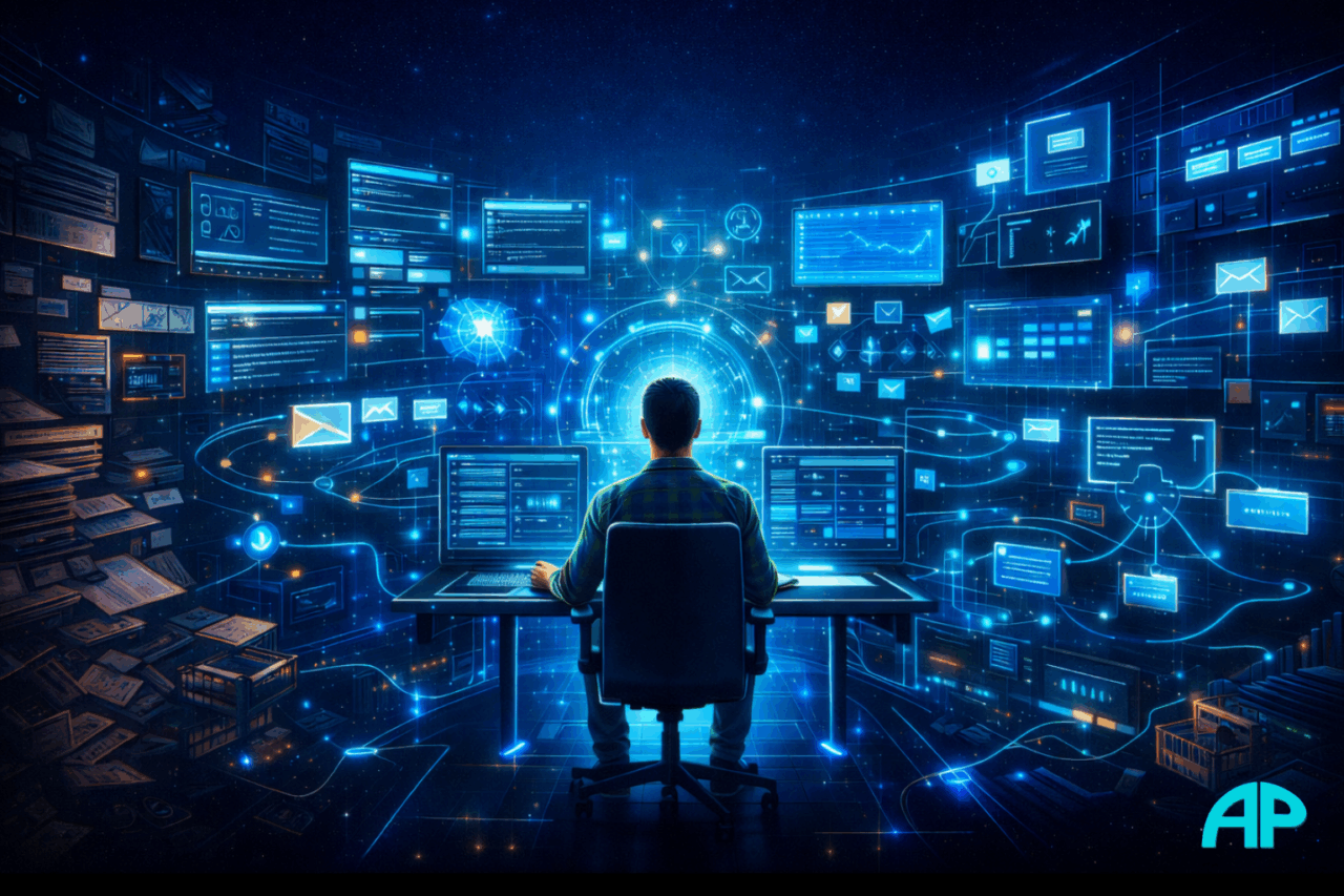 Digital illustration of a solo entrepreneur using smart automation systems to scale an online business from one central workspace.