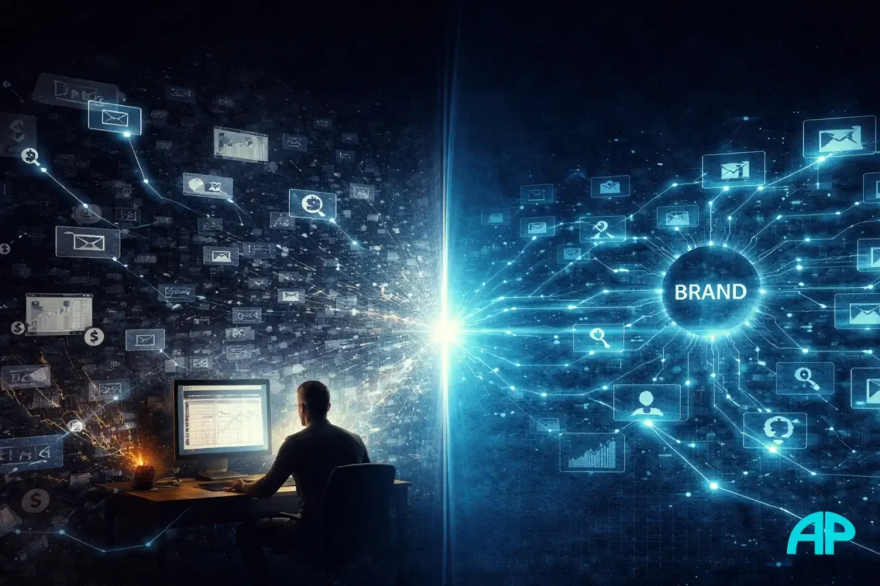A split digital scene showing chaotic affiliate activity on one side and a structured brand-led digital asset system on the other