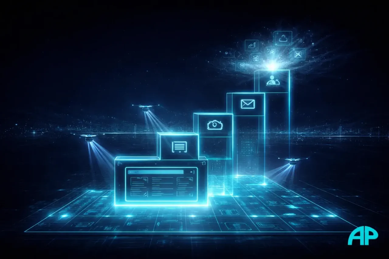 Digital blocks rising step by step from a glowing website hub, illustrating how to build digital assets one stage at a time.