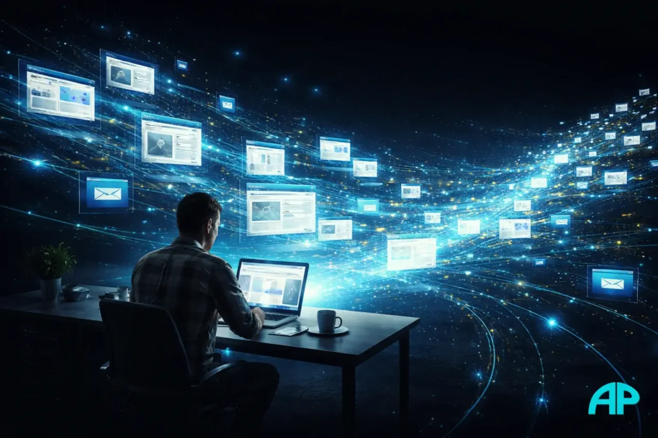 Digital illustration of a creator at a laptop as blog posts, emails, and search content expand into a glowing network of digital assets.