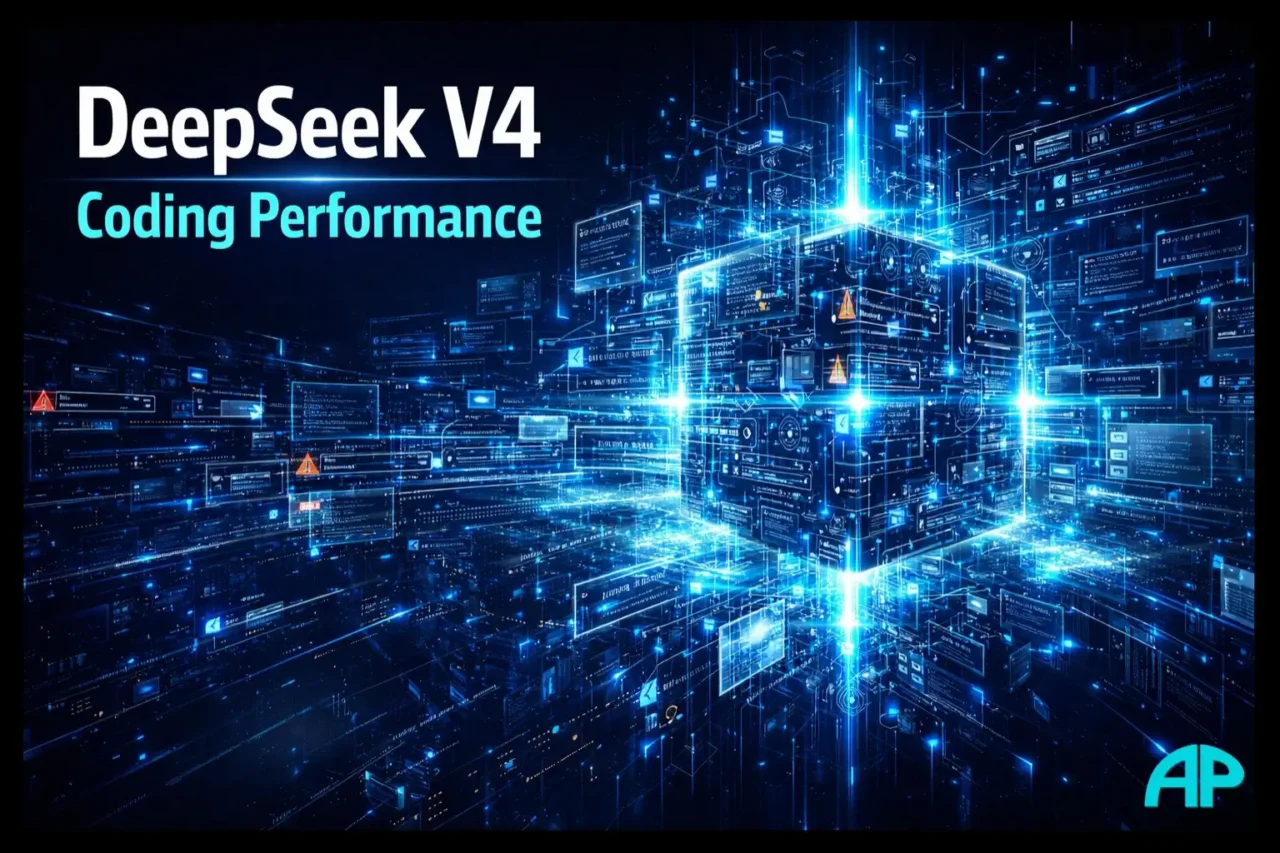DeepSeek V4 coding performance concept showing a futuristic AI code engine surrounded by holographic files, live debugging panels, and glowing software architecture