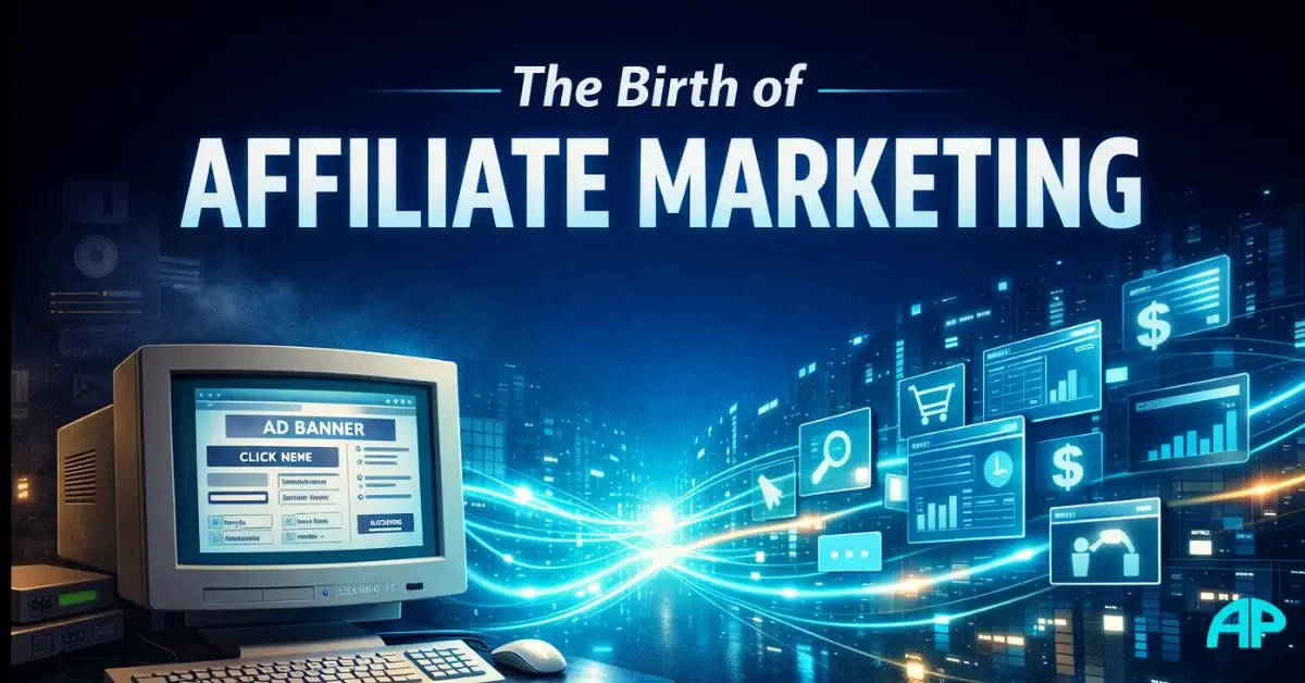History of Affiliate Marketing visual showing a 1990s computer evolving into a modern digital marketing ecosystem