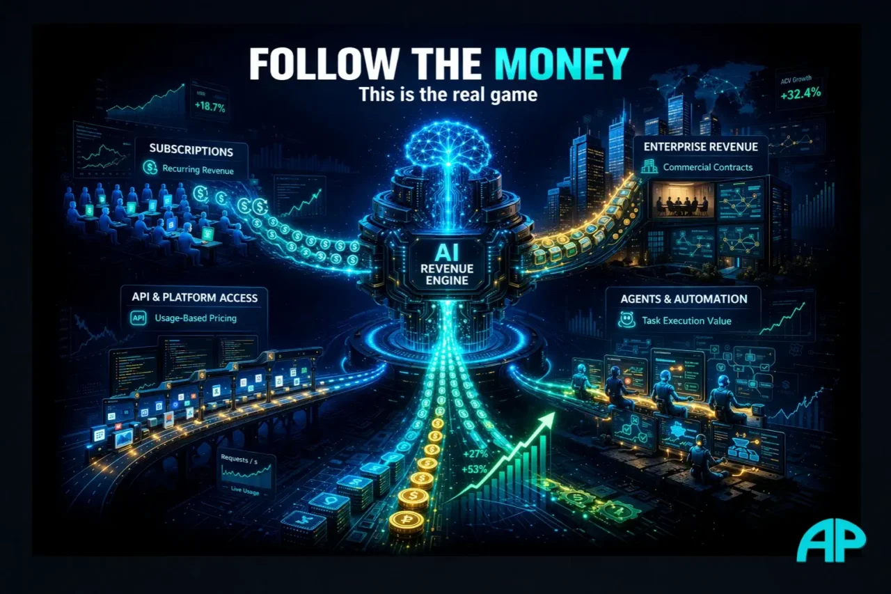 How AI companies make money infographic showing an AI revenue engine powered by subscriptions, enterprise revenue, API access, and automation