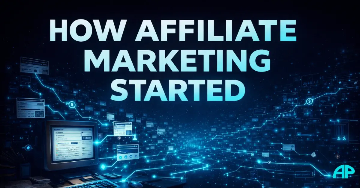 How Affiliate Marketing Started Online image showing a 1990s computer, early web pages, and glowing digital pathways expanding into an online income network