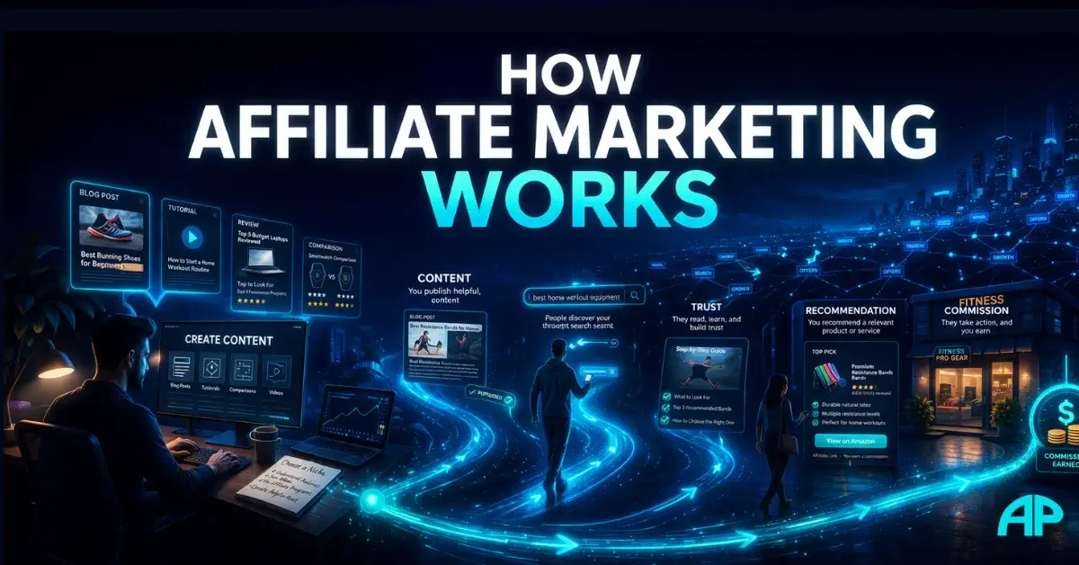 How Affiliate Marketing Works visual showing a creator, content, search traffic, trust, recommendations, and commission flow inside a connected digital system