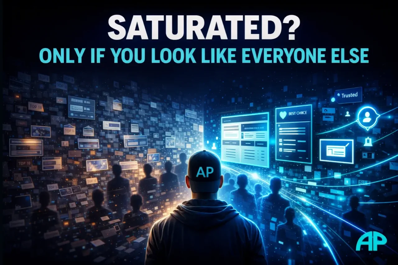 Digital illustration of a man in a backwards AP cap standing between saturated low-quality content and clear trust-based affiliate marketing.