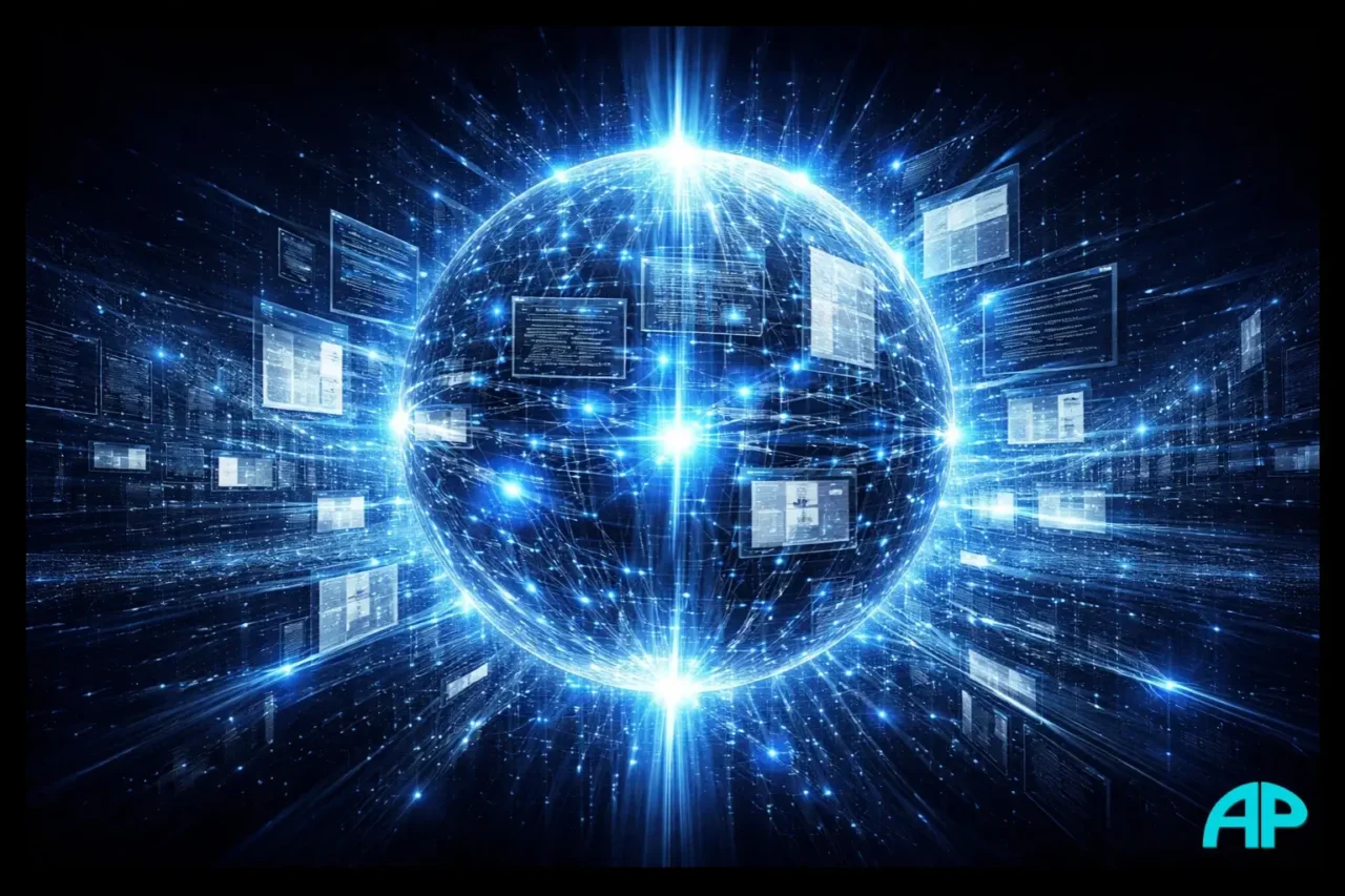 Futuristic glowing data sphere surrounded by holographic code, reports, and digital interfaces showing massive AI context capacity