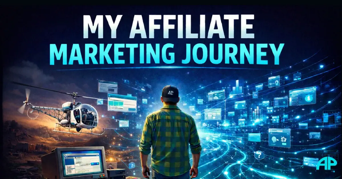 My Affiliate Marketing Journey visual showing a man between a Bell 47 helicopter, an early computer workstation, and a glowing digital network symbolising his path into online business