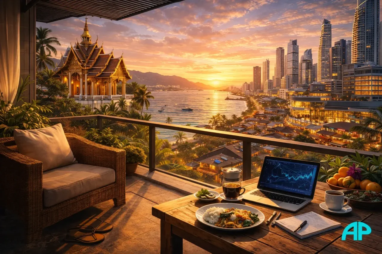 Modern balcony scene in Thailand overlooking a coastal city, tropical shoreline, temple, and sunset, showing the comfort and variety of retiring in Thailand.