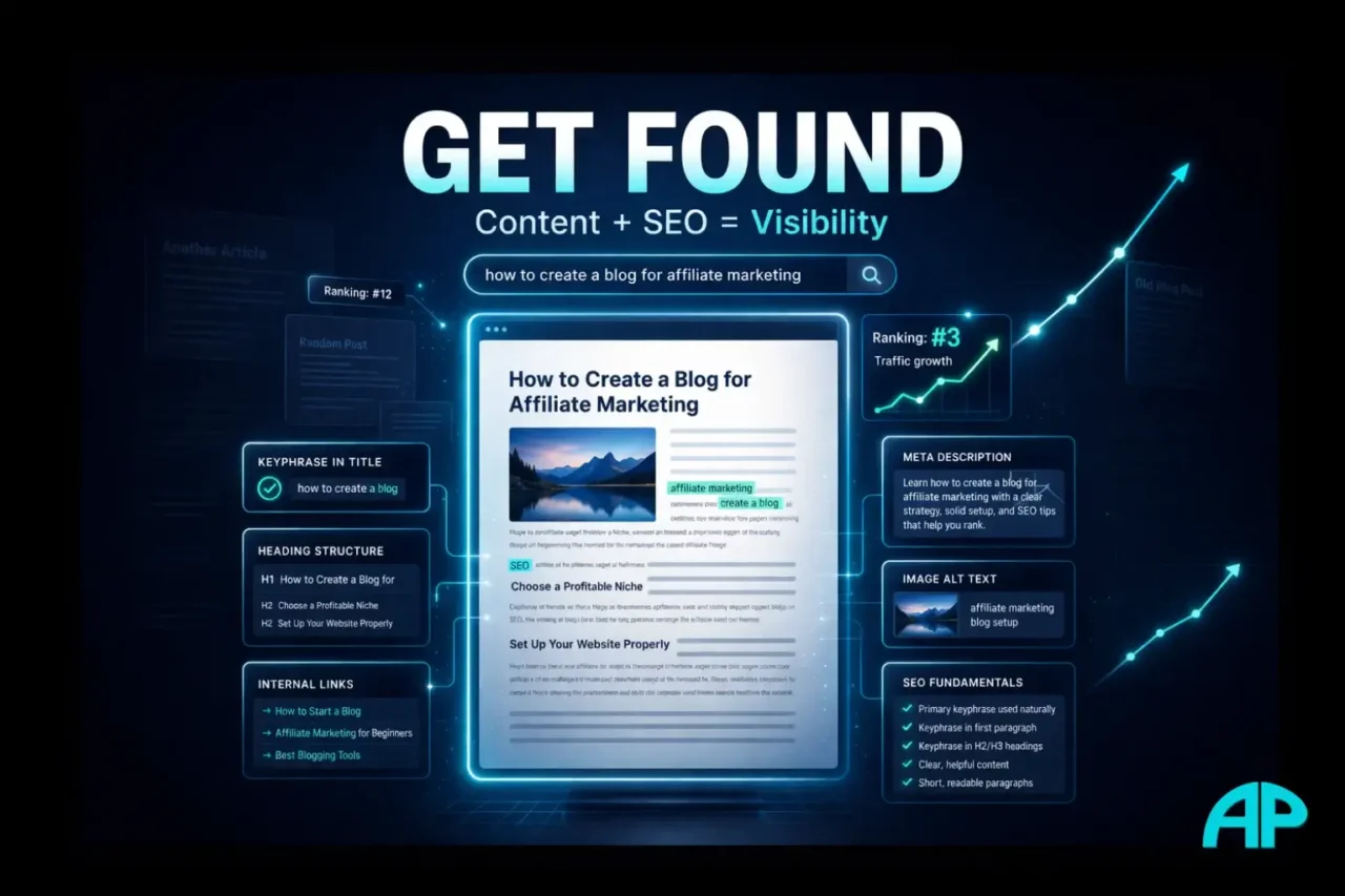 SEO illustration showing a blog post, search visibility signals, ranking elements, internal links, metadata panels, and traffic growth