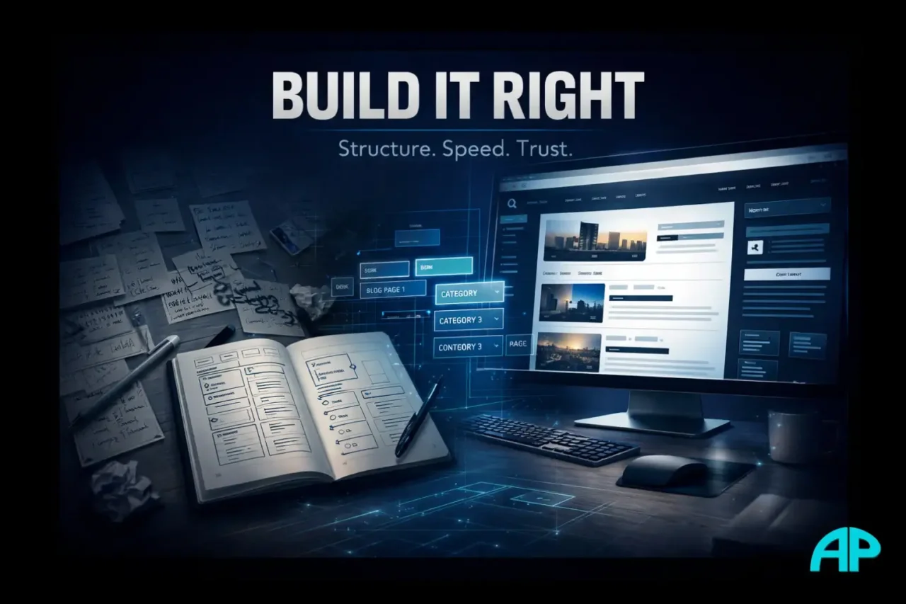 Affiliate marketing website setup illustration showing a structured workspace, WordPress-style website layout, and the process of building a clean, trustworthy blog