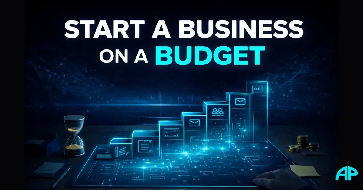 Futuristic digital illustration of glowing blueprint steps forming a staircase toward building an online brand, representing how to Start a Business on a Budget with consistent daily progress.