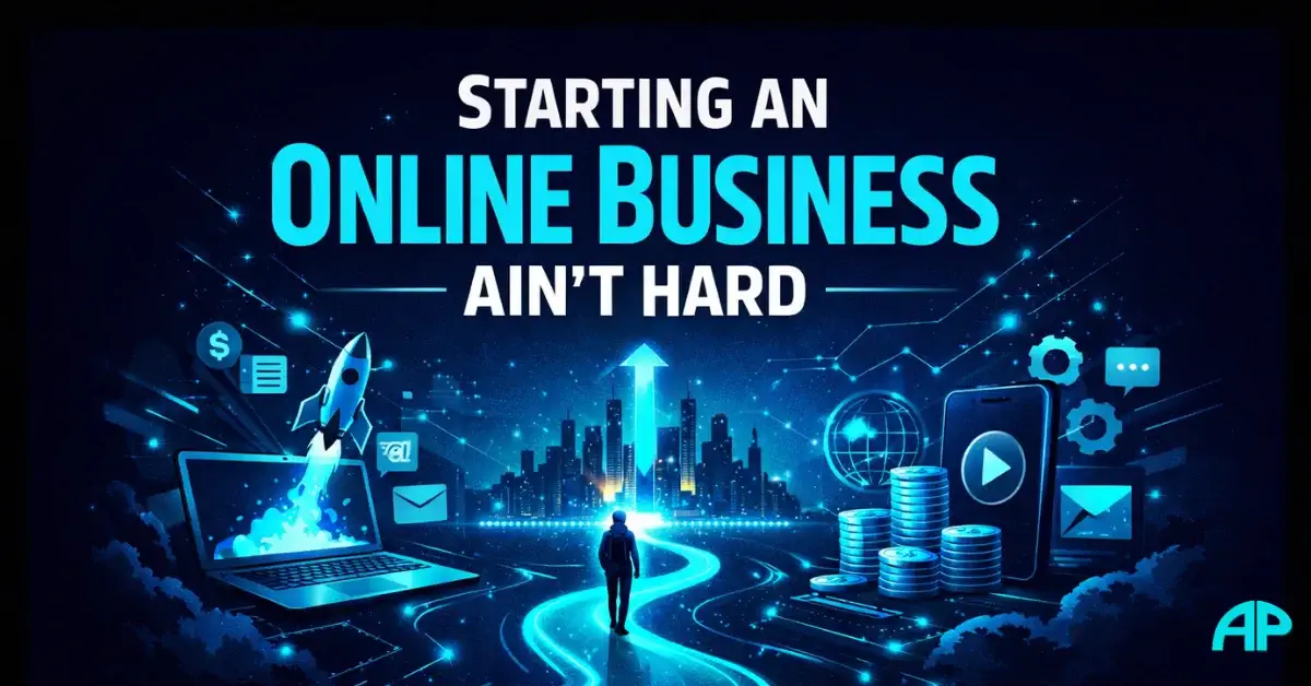 A lone entrepreneur walks a glowing digital path toward a futuristic city skyline, surrounded by a laptop launching a rocket, stacked coins, and neon blue tech icons, symbolising growth through consistent online action.