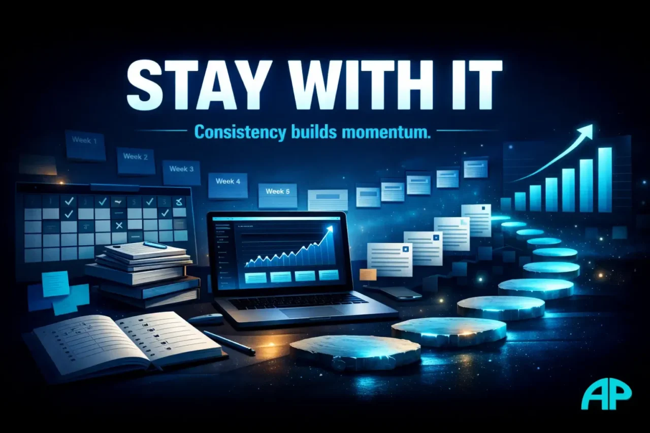 Consistency illustration showing a blog workspace, weekly publishing rhythm, rising traffic charts, and steady growth over time