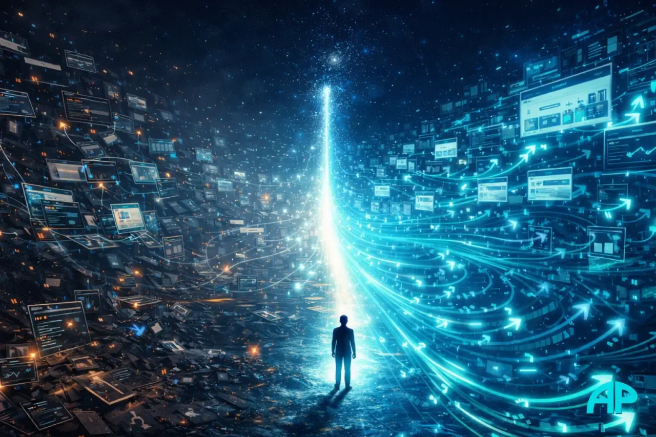 A digital landscape transforming from chaotic scattered web pages into a structured network of content systems, traffic flows, and scalable online pathways