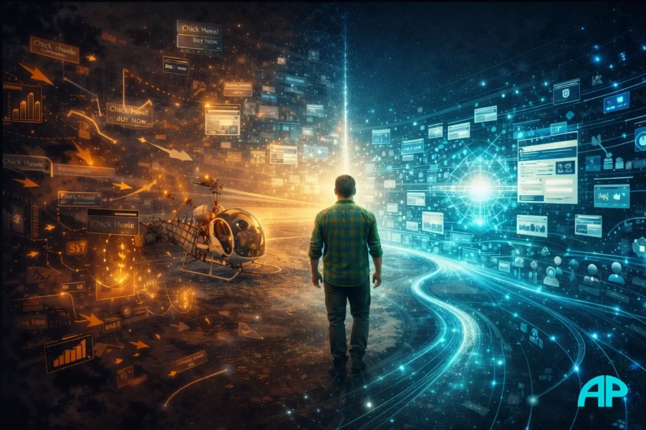 A split digital scene showing the lesson from affiliate marketing, with chaotic short-term tactics on one side and a structured brand-led digital asset system on the other