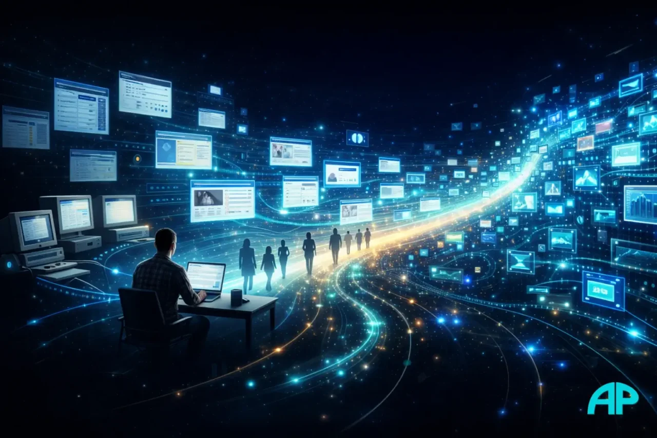 Digital illustration showing the evolution of affiliate marketing from early internet websites to modern AI-driven content systems.