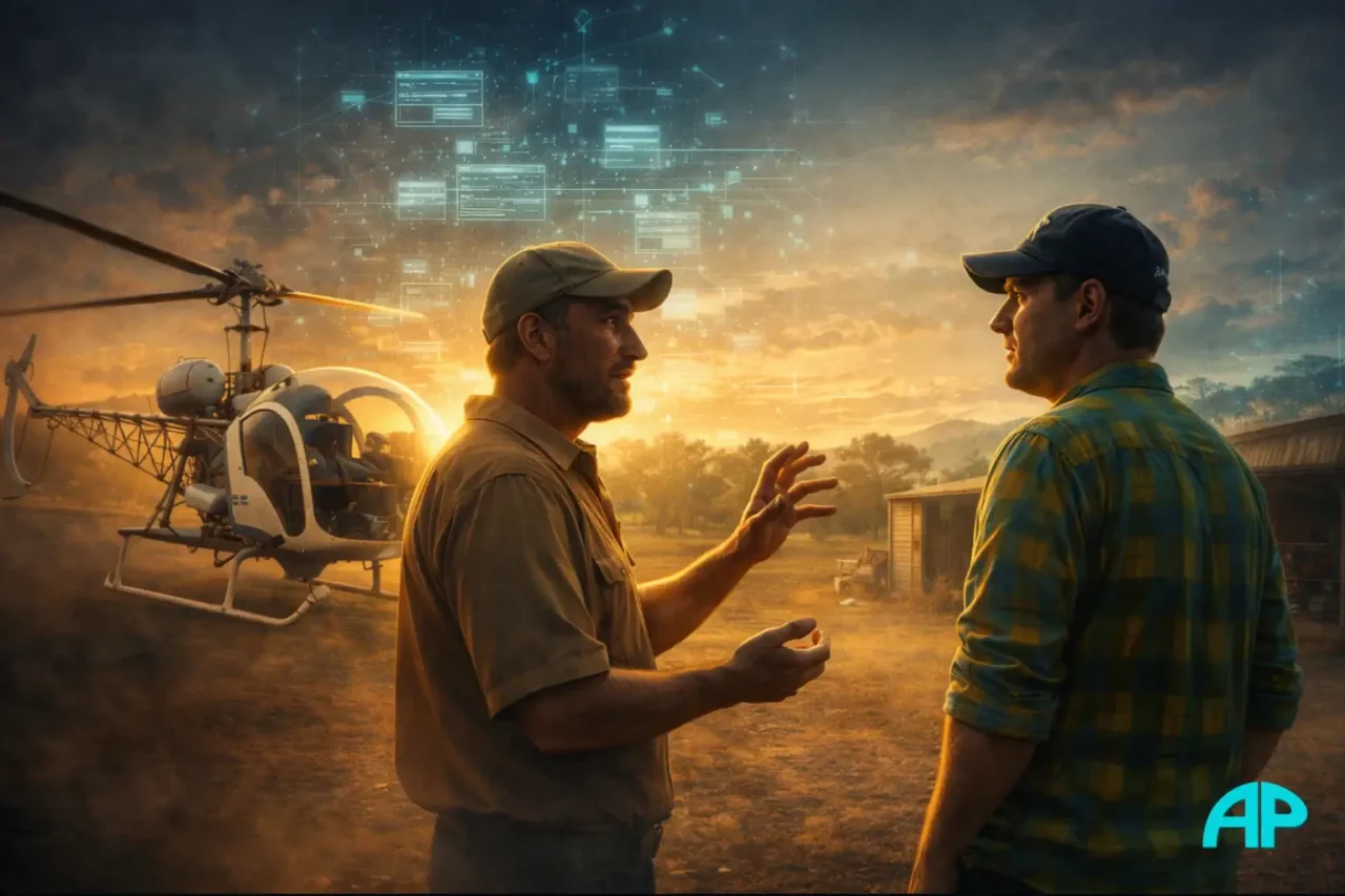 Two men standing beside a Bell 47 helicopter at a remote 1990s training field, with subtle glowing digital elements above them symbolising the first conversation about the internet