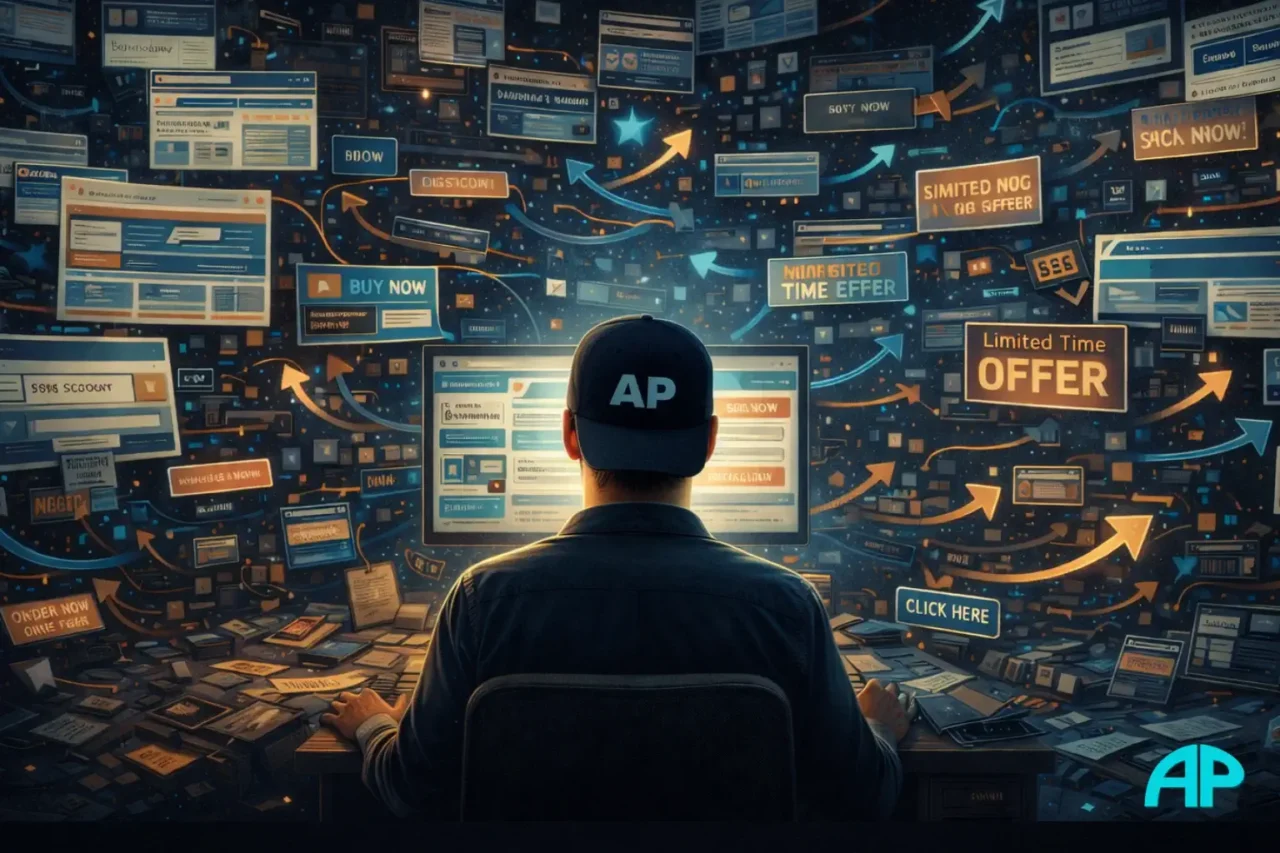 The Early Days Before It Took Off visual showing a man at an old computer surrounded by scattered web pages, random links, and chaotic early internet traffic