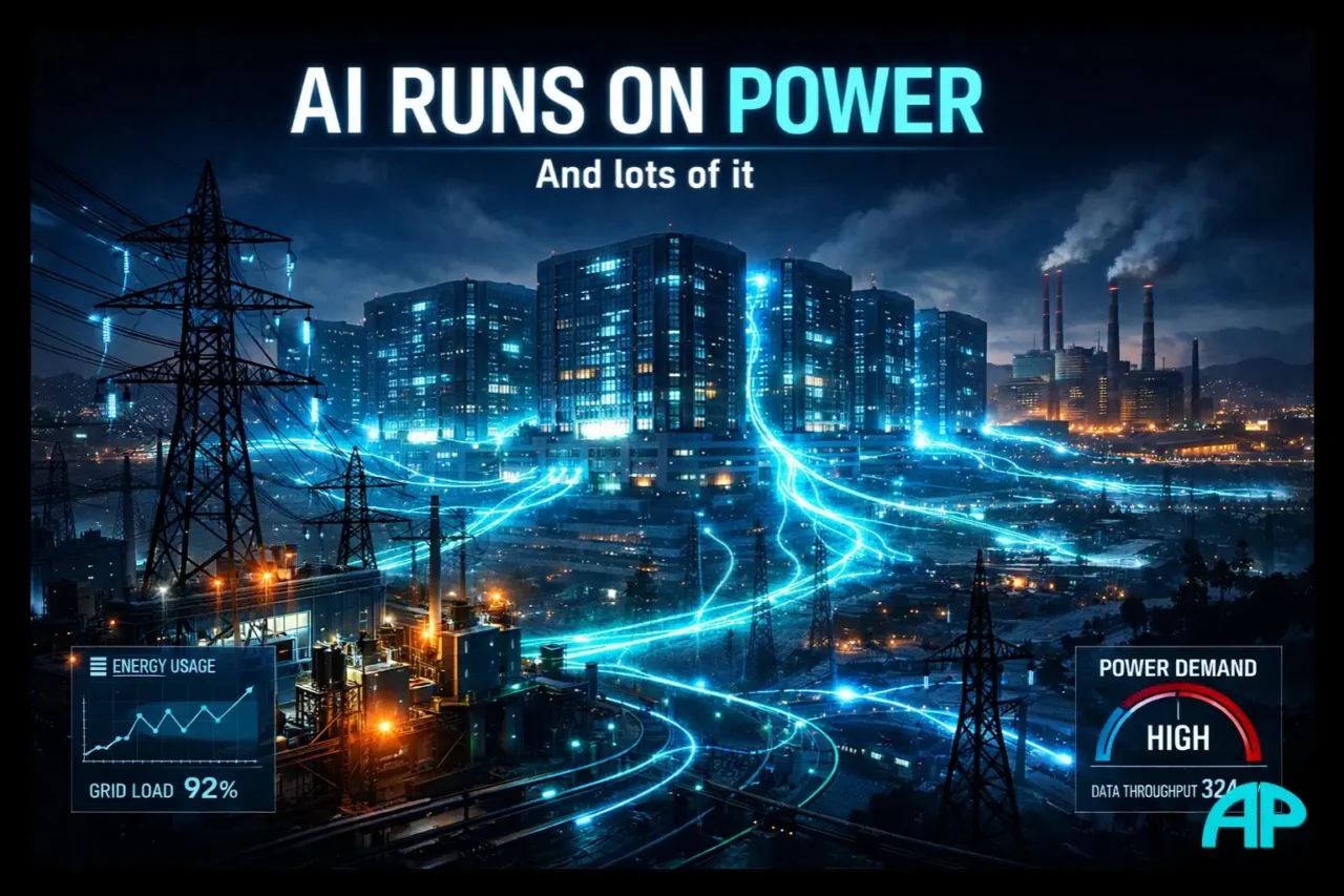 The energy cost of AI illustration showing data centres, power grids, and heavy electricity demand feeding large-scale AI infrastructure