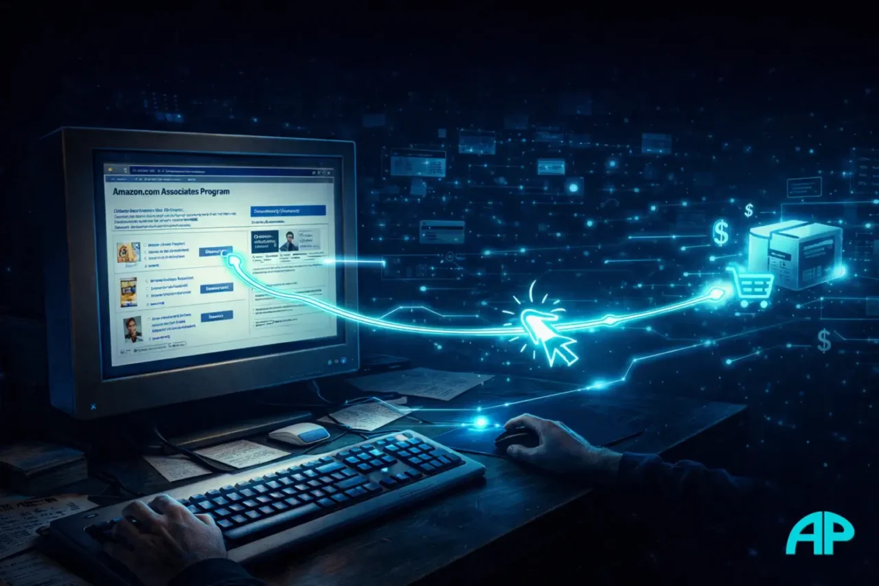 A 1990s computer screen showing an early affiliate program with a glowing link path leading from a website click to an online purchase and commission