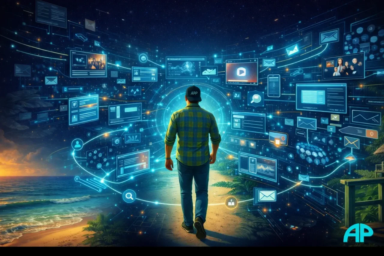 Digital illustration of a man walking from a tropical beach path into a connected ecosystem of content, email, video, and digital assets.