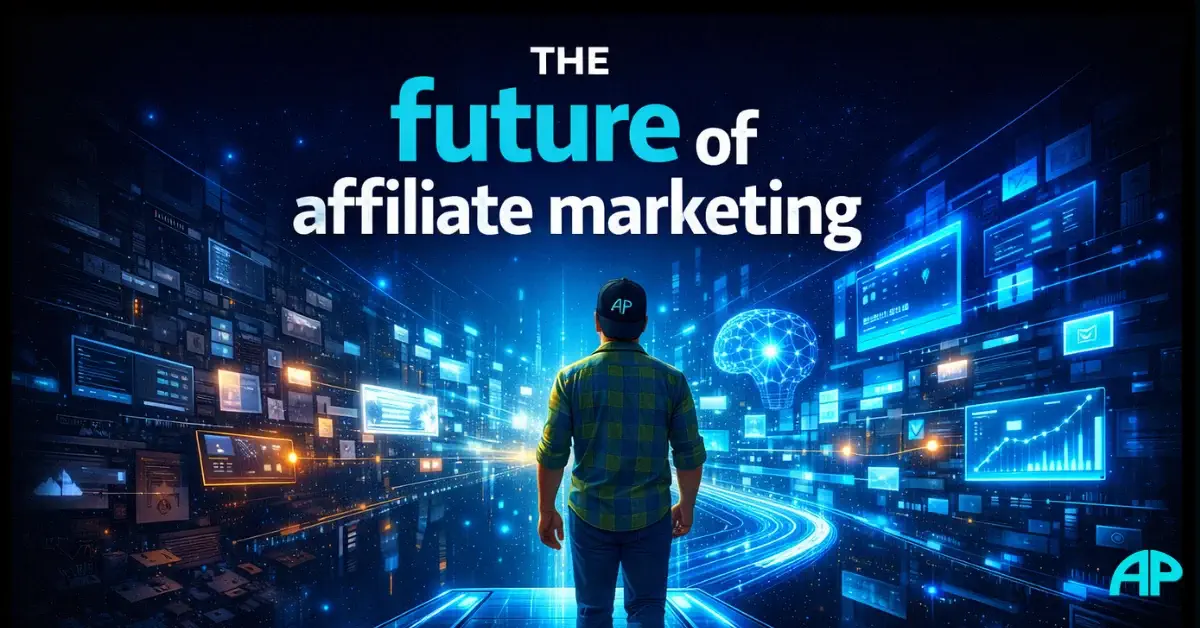 Illustration showing the future of affiliate marketing with a creator walking into a glowing AI-driven digital ecosystem.