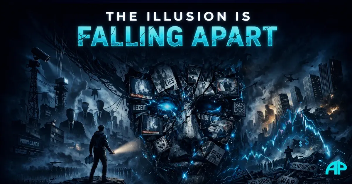 A dark dystopian digital illustration showing a fractured human face made from propaganda, media screens, and deception, as society collapses around it.