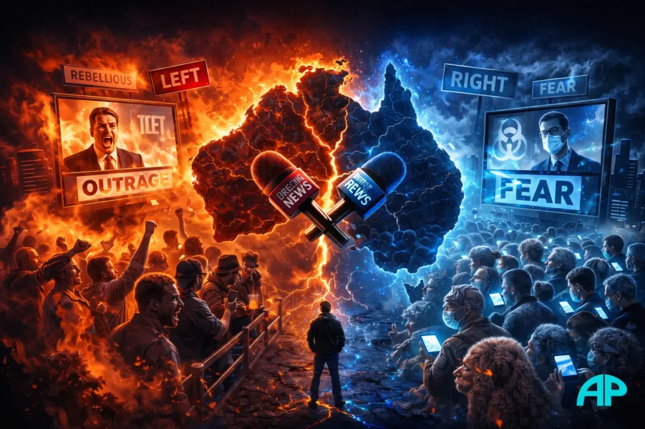 Illustration of a divided Australia shaped by media-driven fear and outrage, with opposing crowds, glowing news microphones, and a fractured map of the country