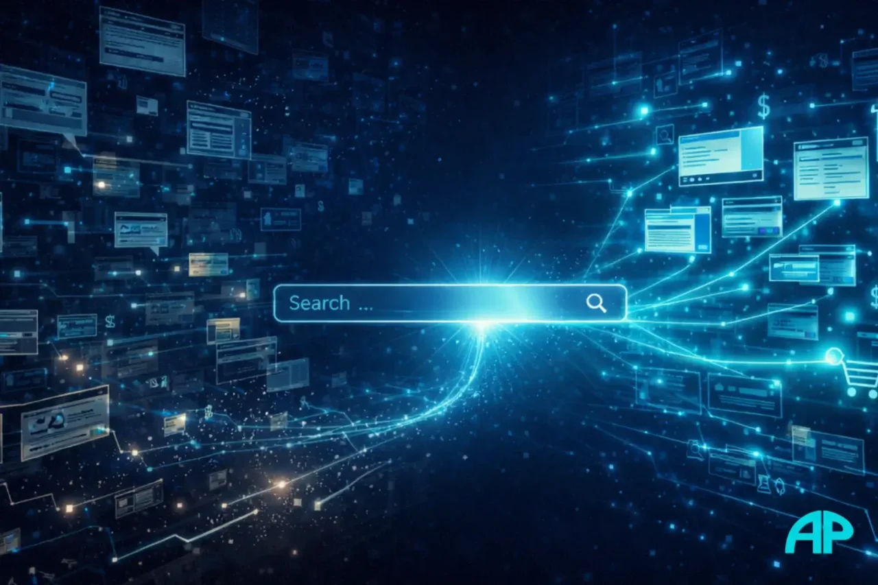 A split digital scene showing chaotic web browsing on one side and structured search results on the other, with a glowing search bar transforming random traffic into targeted discovery