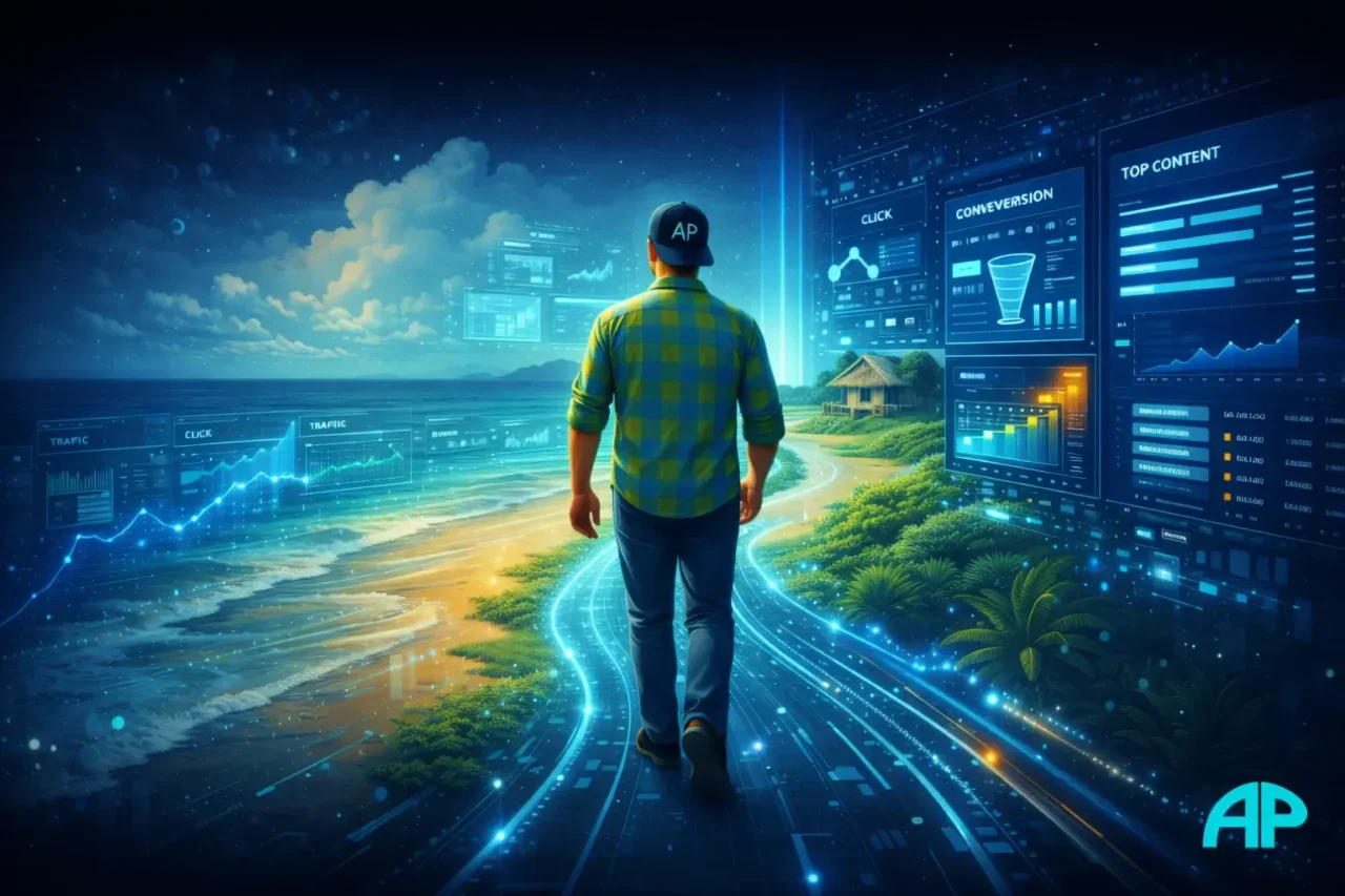 Man walking along a tropical beach path that transforms into a glowing digital road with analytics dashboards, tracking data, and performance metrics