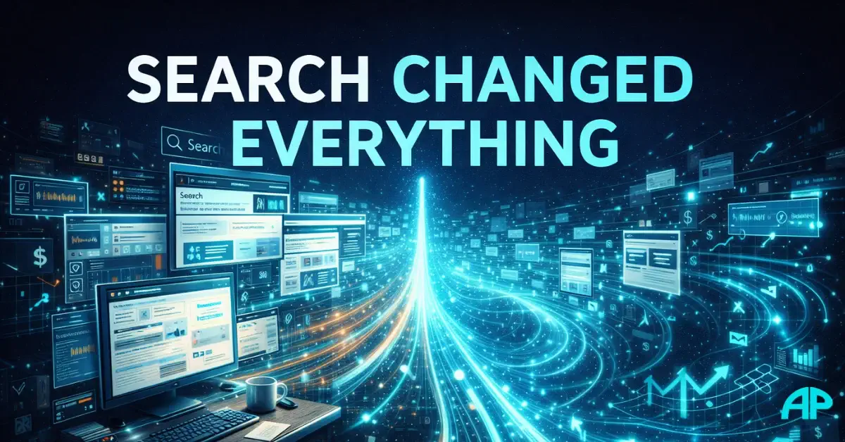 when affiliate marketing took off visual showing search traffic, digital content pathways, and a computer dashboard symbolising the moment search changed online growth