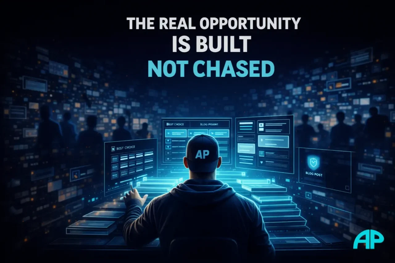 Digital illustration of a man in a backwards AP cap carefully building structured affiliate content while weak, rushed content fades into the background.