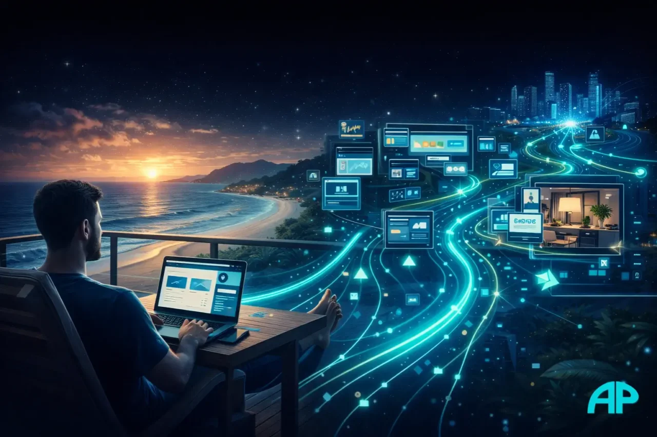 A man working on a laptop by the coast while glowing digital pathways expand into content, products, and online systems, showing why affiliate marketing is so powerful