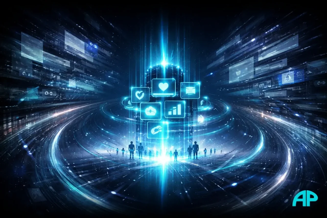 Digital illustration of a strong brand presence standing steady in a fast-changing online world filled with shifting content, search, and automation.