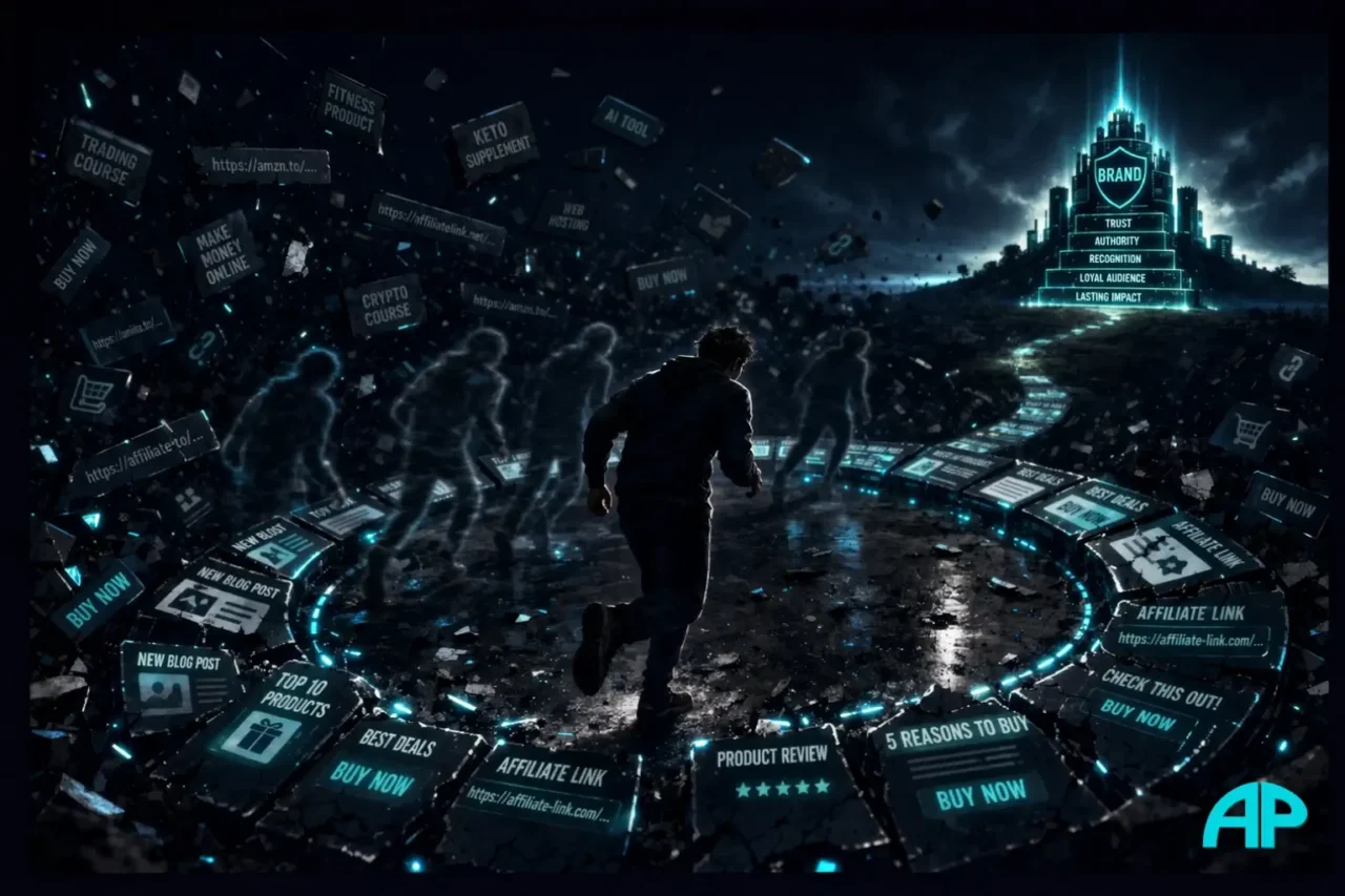 Dark digital illustration of a marketer trapped in a loop of scattered affiliate links and content, unable to move forward without a clear brand.
