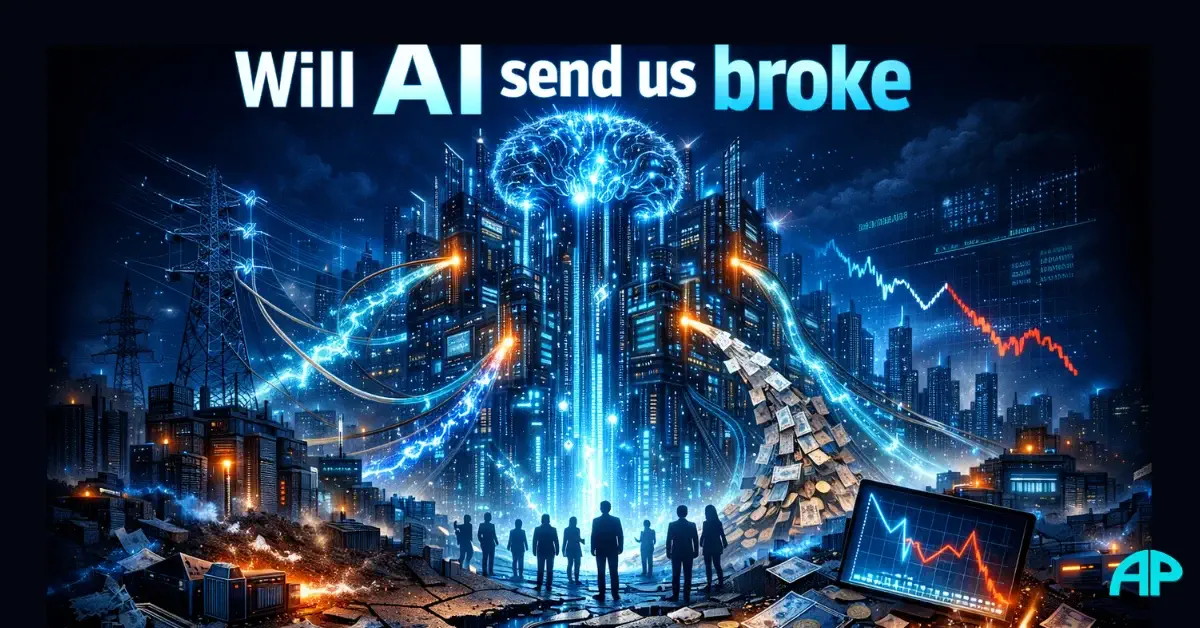 Will AI send us broke illustration showing a giant AI system consuming money, energy, and financial infrastructure