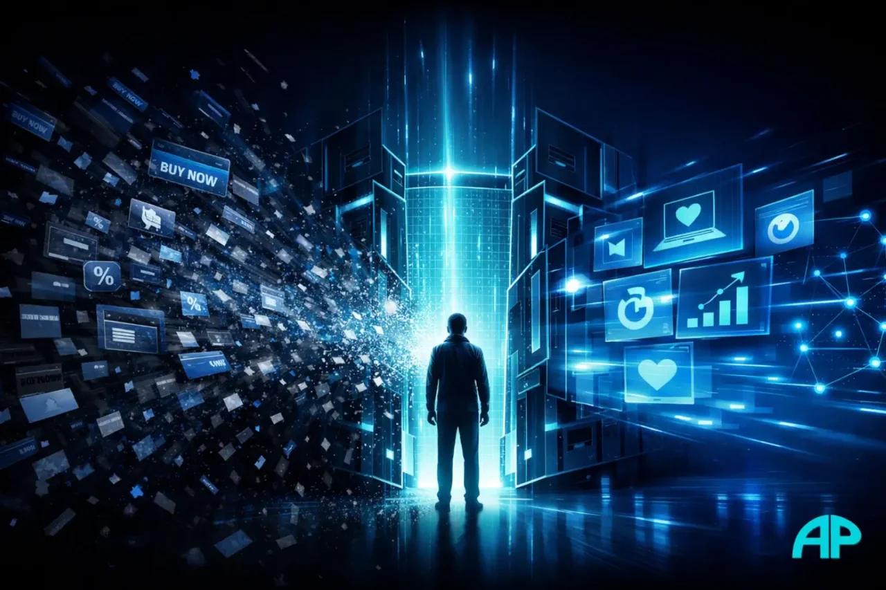 Digital illustration of an affiliate marketer using a brand strategy as a filter, turning chaotic promotions into focused, aligned content.