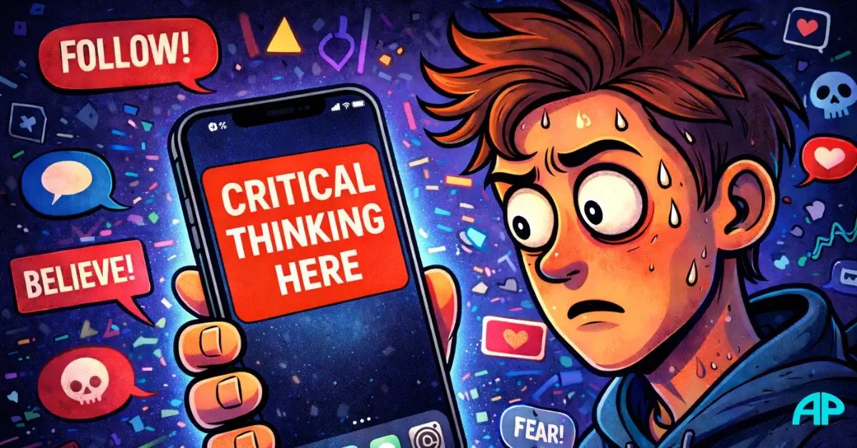 Cartoon-style illustration of a stressed young man staring at an iPhone screen that reads critical thinking here, surrounded by digital noise and social media pressure.