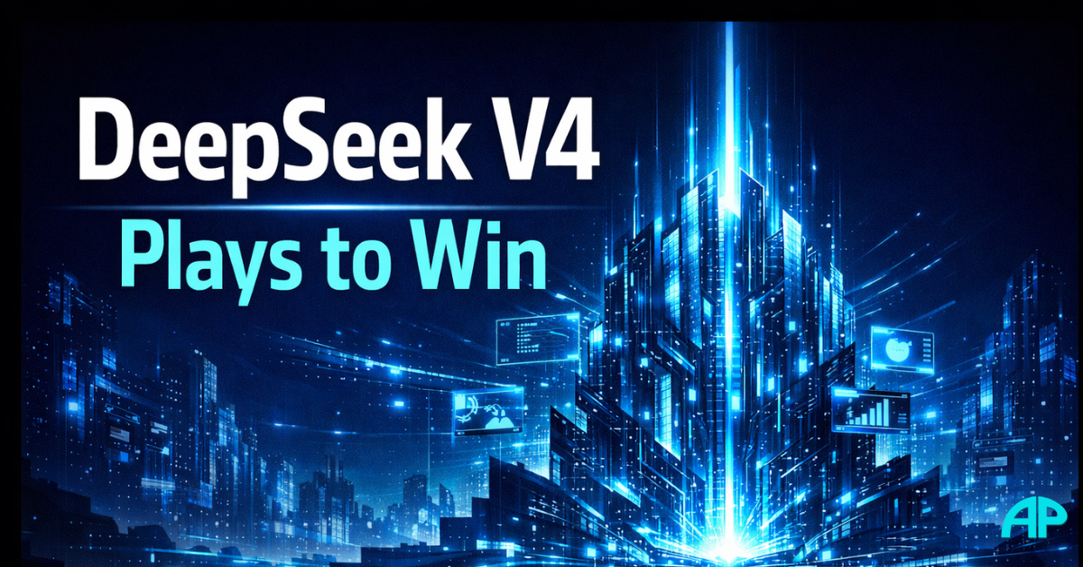 DeepSeek V4 Plays to Win futuristic AI cityscape with bold glowing title and advanced digital architecture