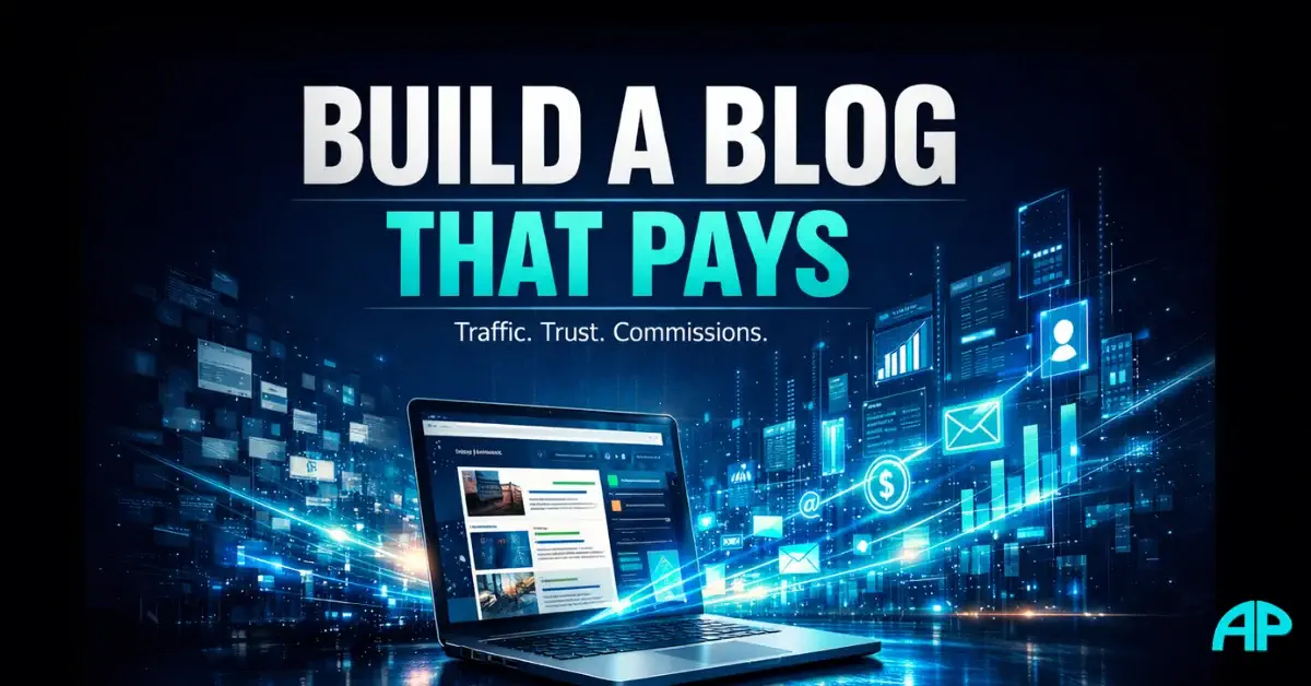 How to create a blog for affiliate marketing visual showing a laptop, digital content streams, growth charts, and affiliate income elements