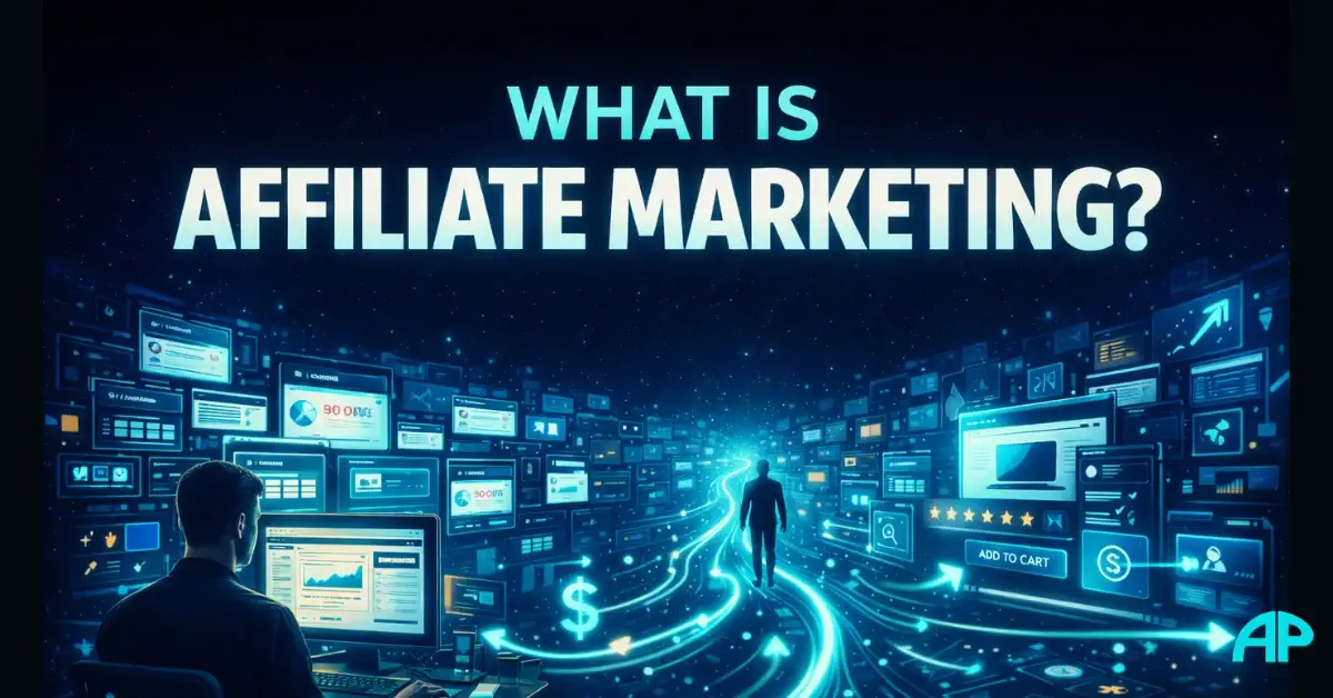 what is affiliate marketing for beginners visual showing a creator, a user journey, and digital pathways connecting content, products, and commissions