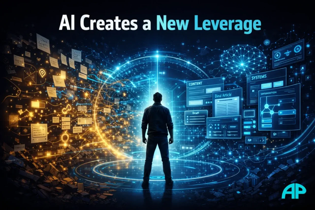 Digital illustration of AI creating new leverage by turning scattered ideas and messy notes into organised systems, content, and workflows