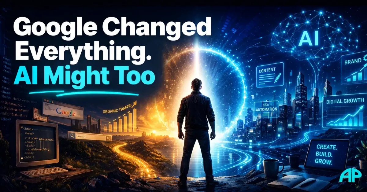 Building an online brand with AI illustrated as a bold digital shift from the early Google era to the future of online business