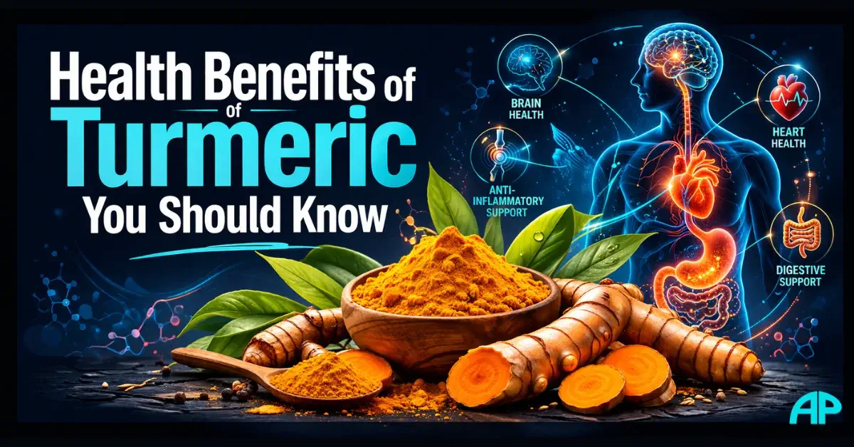 Health Benefits of Turmeric You Should Know Health Benefits of Turmeric visual showing turmeric root and powder with brain, heart, anti inflammatory, and digestive support imagery
