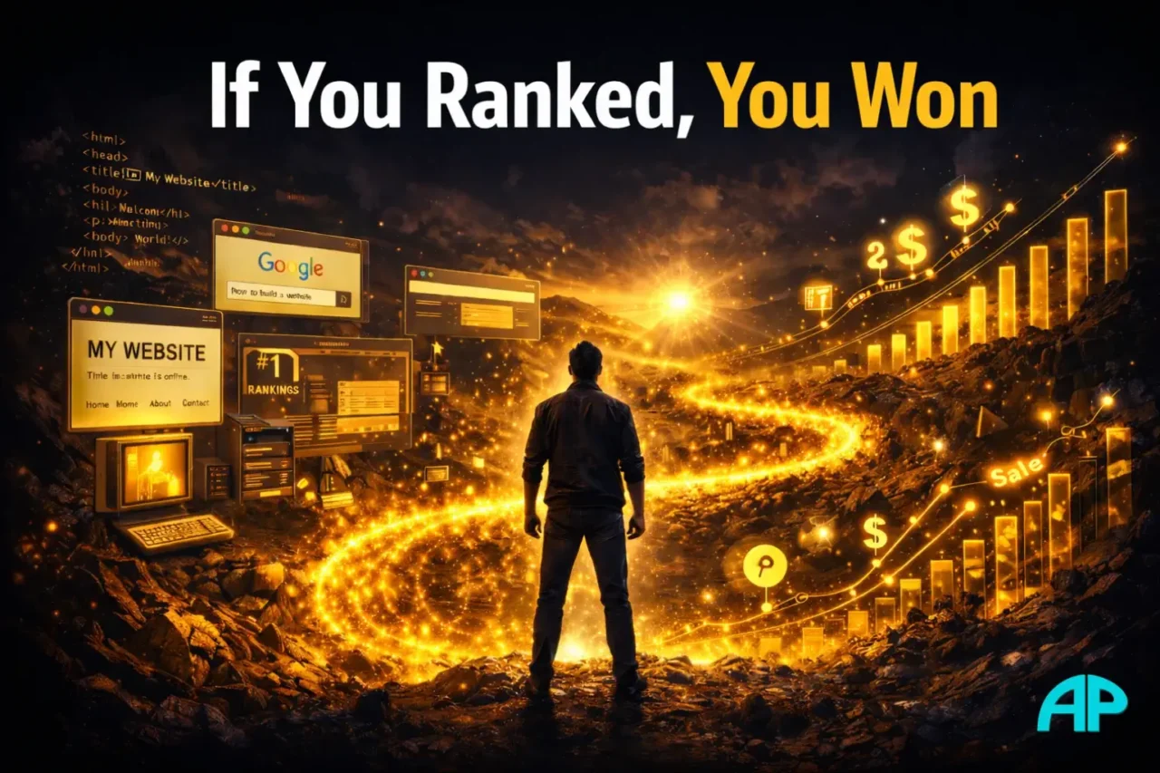 Digital illustration of early SEO success with glowing organic traffic, search rankings, and the title If You Ranked, You Won